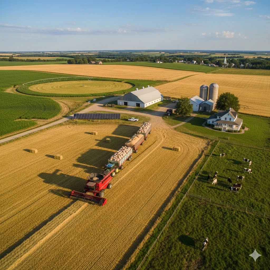 Aerial view of precision agriculture drone monitoring crop health across farm fields