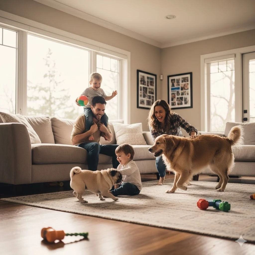 Smart home security AI monitoring a family home with real-time alerts